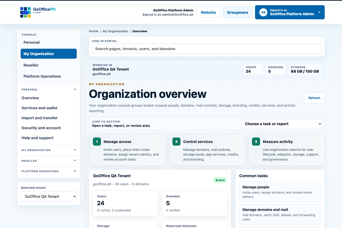 GoOfficePH role-aware administration console