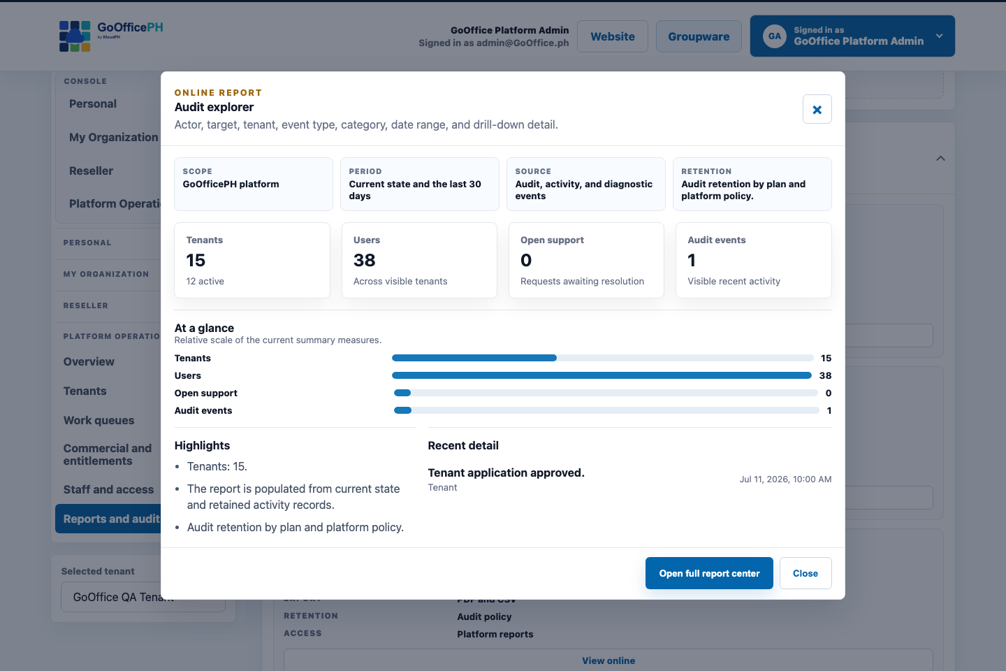 GoOfficePH audit explorer with filters, event detail, and attributable activity