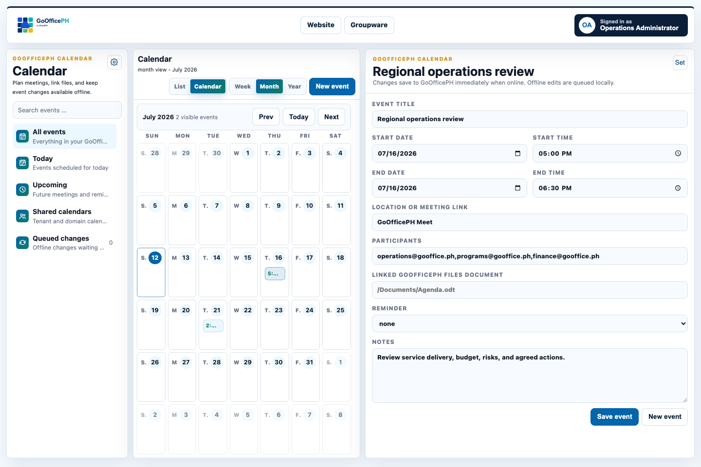 Populated GoOfficePH Calendar interface