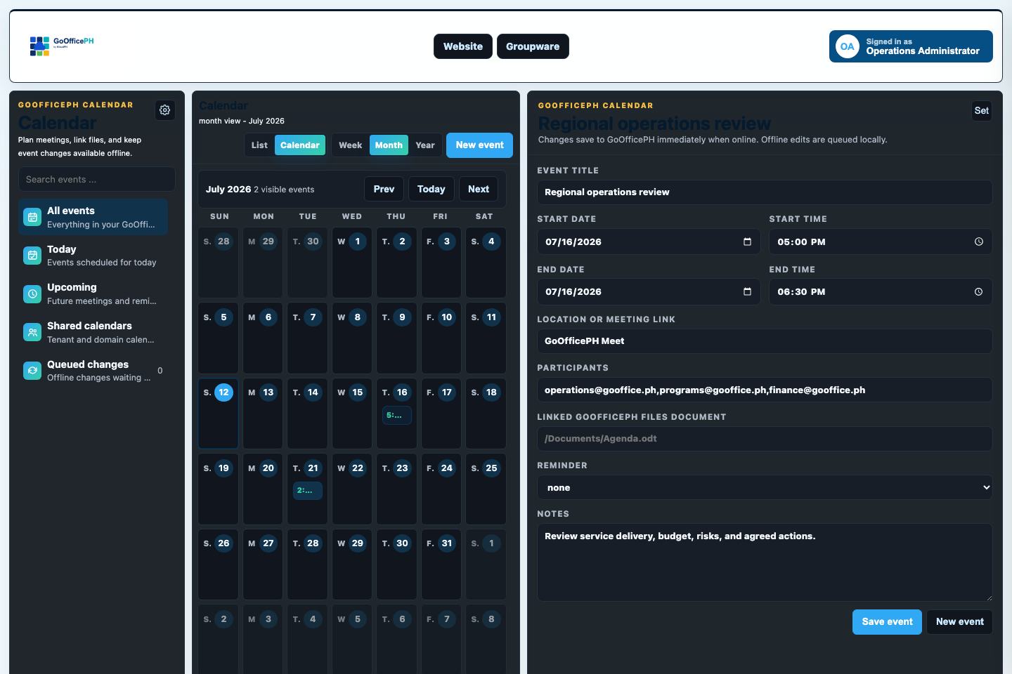 A populated GoOfficePH Calendar with event details