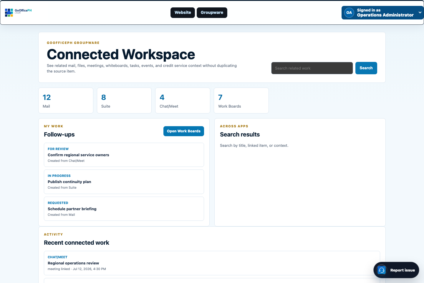 GoOfficePH Connected Workspace showing related messages, meetings, files, schedules, and work items