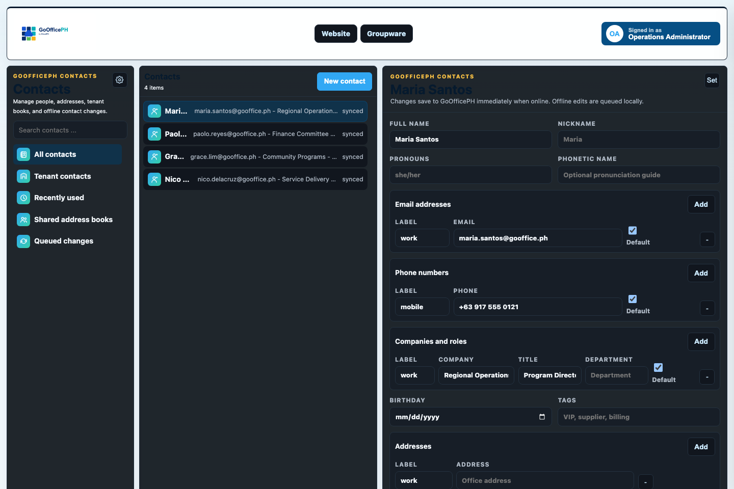 A populated GoOfficePH Contacts directory