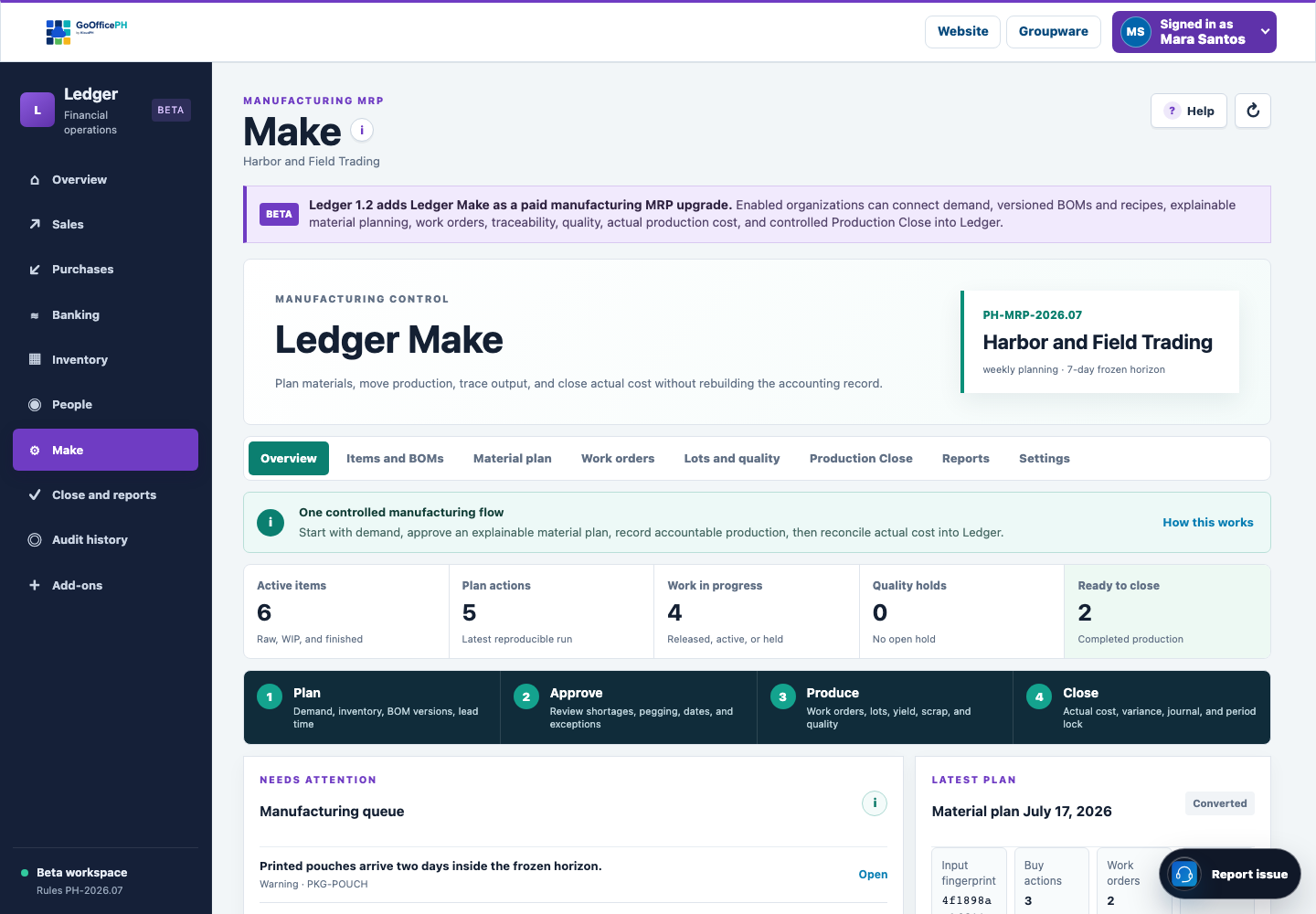 GoOfficePH Ledger Make showing an explainable material plan, capacity attention, production work, and cost control