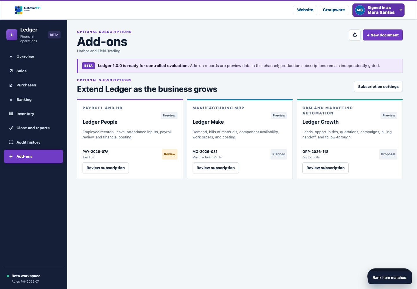 GoOfficePH Ledger showing Ledger People, Ledger Make, and Ledger Growth with populated preview records