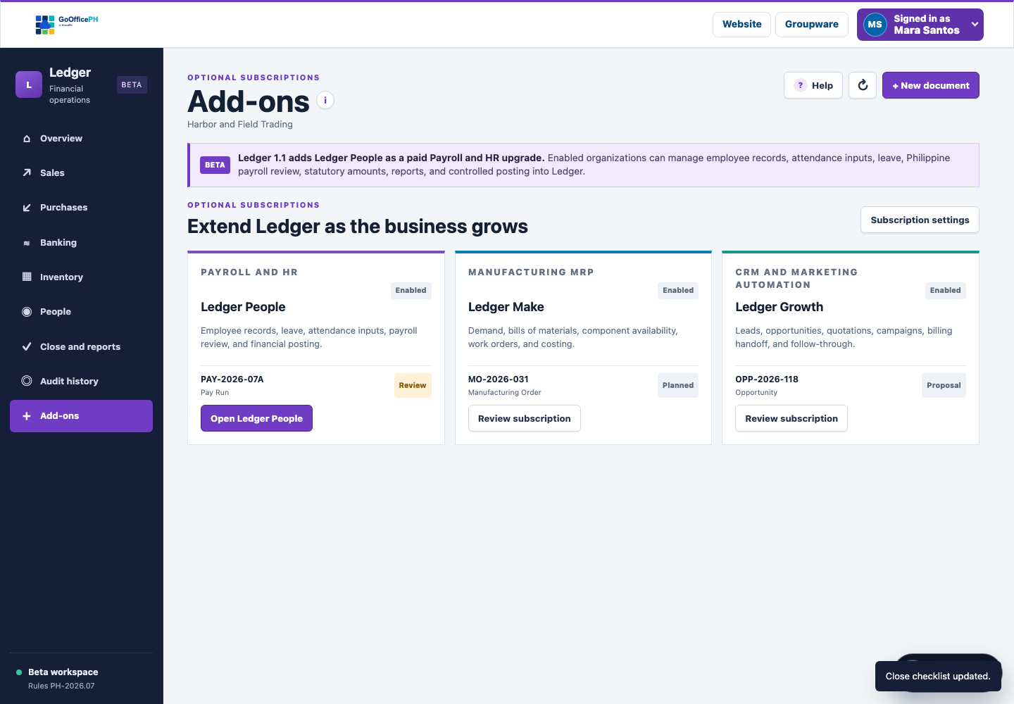 GoOfficePH Ledger showing populated financial operations and Ledger People showing employee, payroll, statutory, and approval workflows