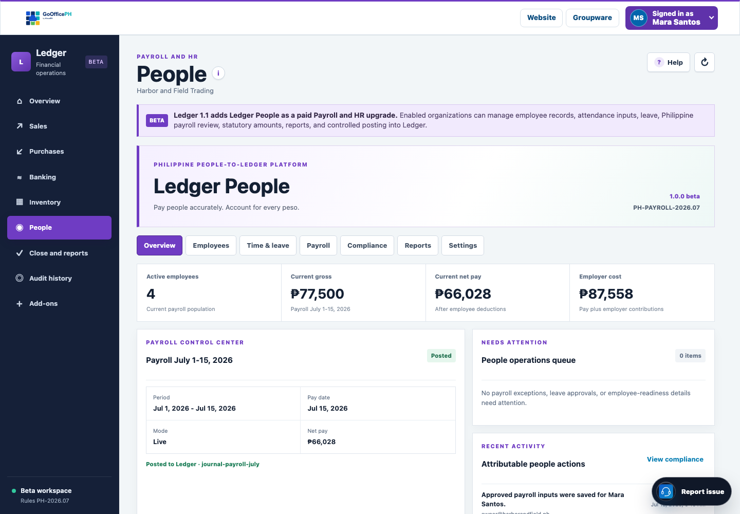 GoOfficePH Ledger People showing employee, payroll control, exception, statutory, approval, and audit information
