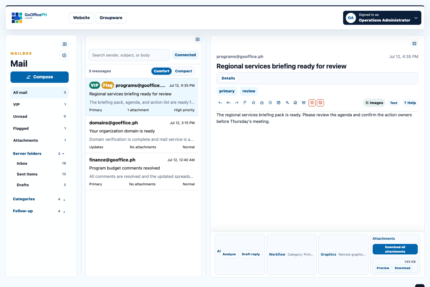 Populated GoOfficePH Mail interface