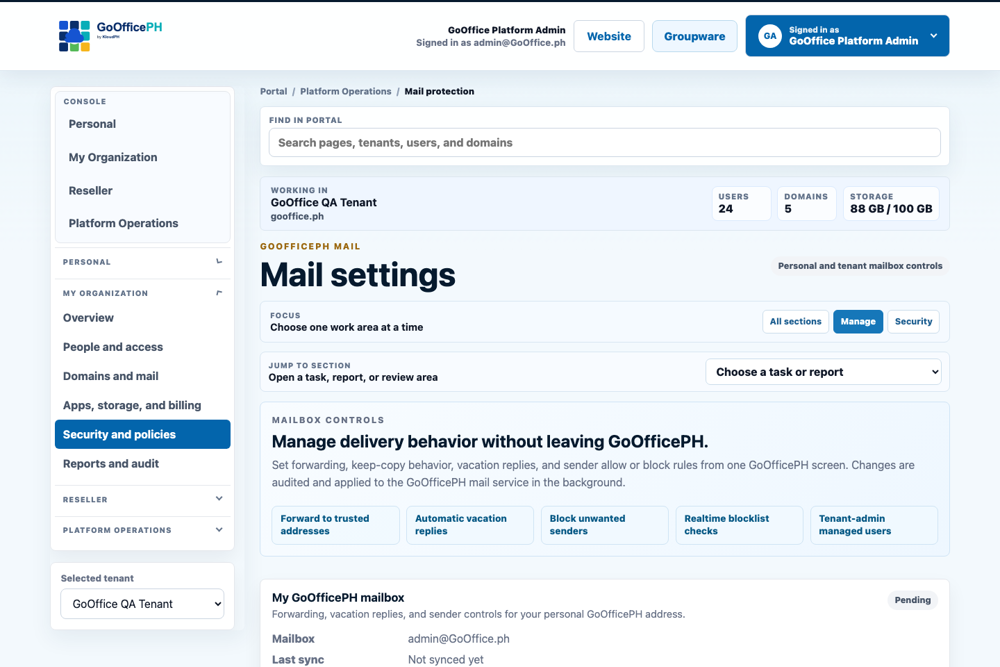 GoOfficePH security controls showing mail protection, policy state, and operational alerts