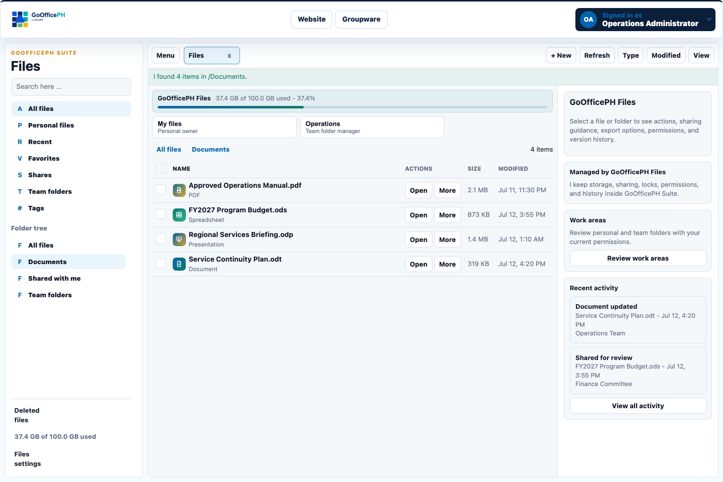 Populated GoOfficePH Suite interface