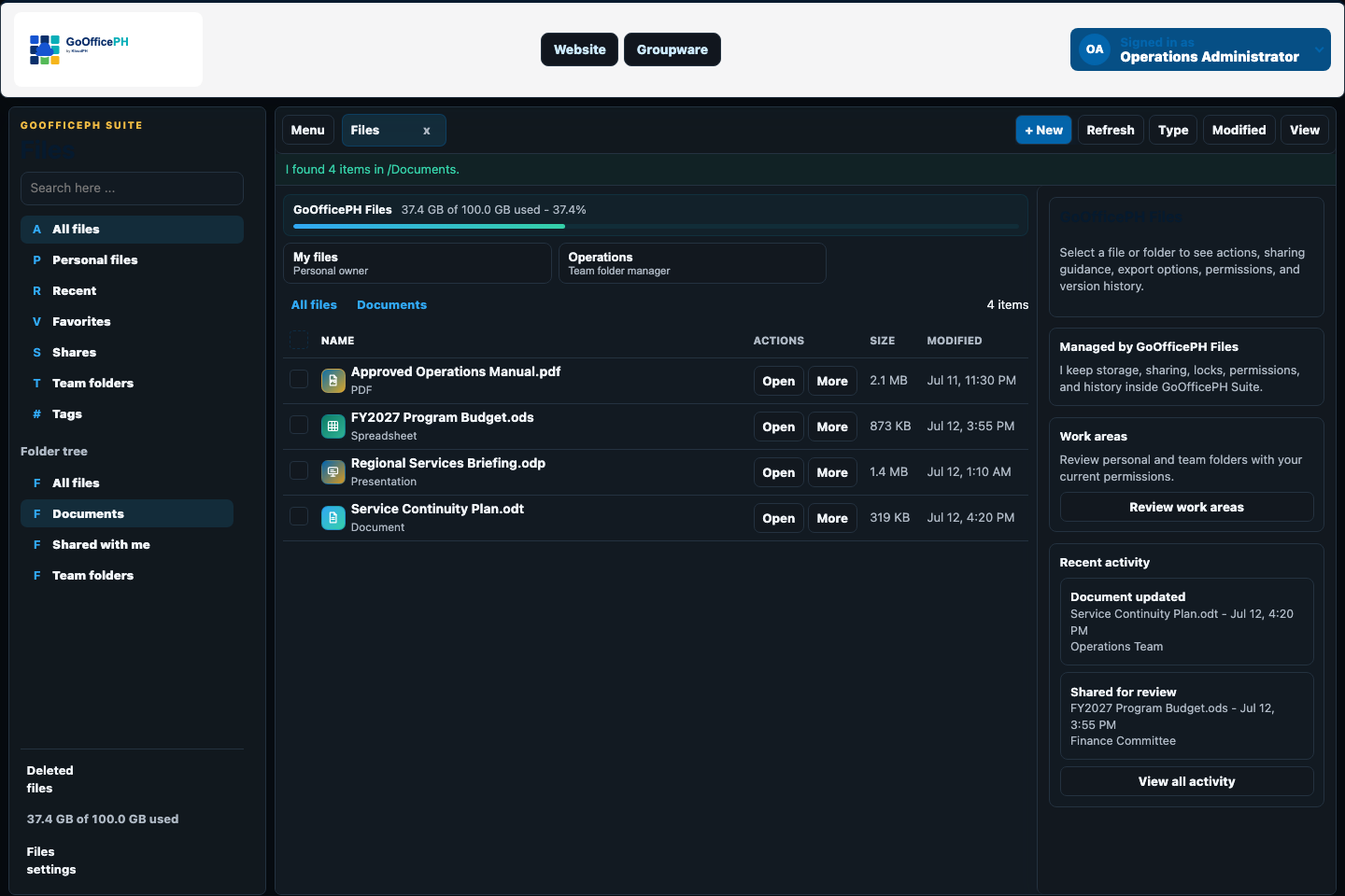 GoOfficePH Suite populated file list with sharing and activity panels