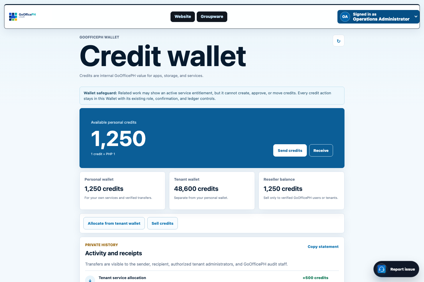 GoOfficePH Wallet showing verified recipients, balances, sales, and transaction history